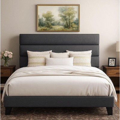 Allewie Platform Bed Frame with Fabric Upholstered Headboard and Wooden Slats Support, Fully Upholstered Mattress Foundation/No Box Spring Needed