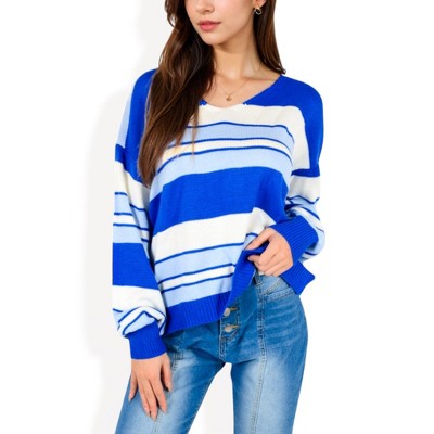 Anna-Kaci Women's Striped V-Neck Relaxed Knit Sweater