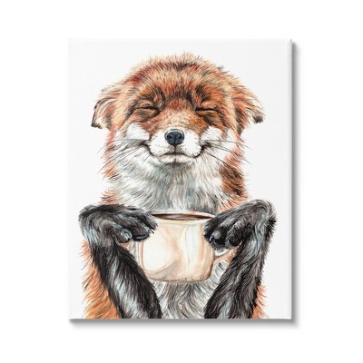 Stupell Industries Happy Fox with Coffee Canvas Wall Art