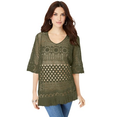 Roaman's Women's Plus Size Fringed Crochet Sweater