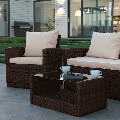 Emma and Oliver 4-Piece Brown Rattan Patio Set with Beige Cushions