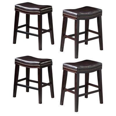 DSVIMOY Counter and Bar Stool Set of 4 Upholstered Saddle Stools with Nailhead Trim for Kitchen, Brown, 28.65"*21.75"*8.5"