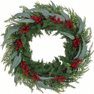 24 - inch Norfolk Pine Wreath Outdoor Front Door Green Decoration with Red Berries Indoor Living Room Porch Holiday Winter - 1 of 4
