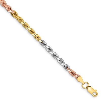 Black Bow Jewelry 4mm, 14k Tri-Color Gold, D/C Solid Rope Chain Bracelet