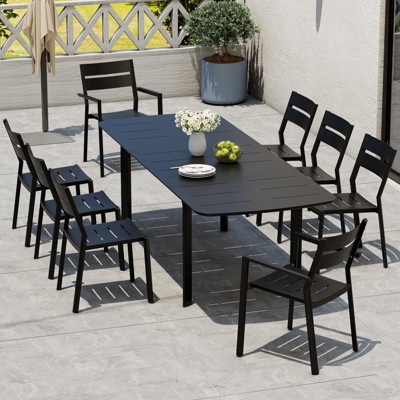 Crestlive Products 9pc Aluminum Patio Dinning Set 94.5in Rounded-corner Table and 8 Chairs Aluminum top Black for Outdoor Pool Lawn