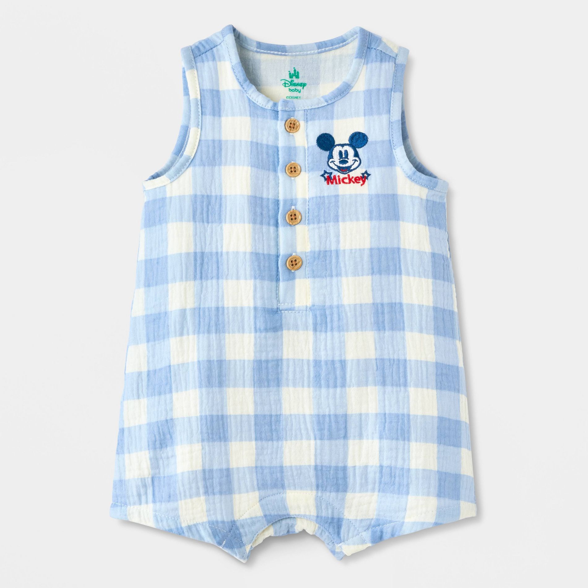 Baby Boys' Disney Mickey Mouse Americana Gingham Romper - Light Blue