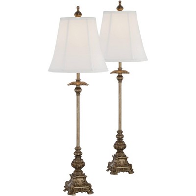 Regency Hill Traditional Buffet Table Lamps Set of 2 Antique Gold Ornate Base White Bell Shade for Dining Room