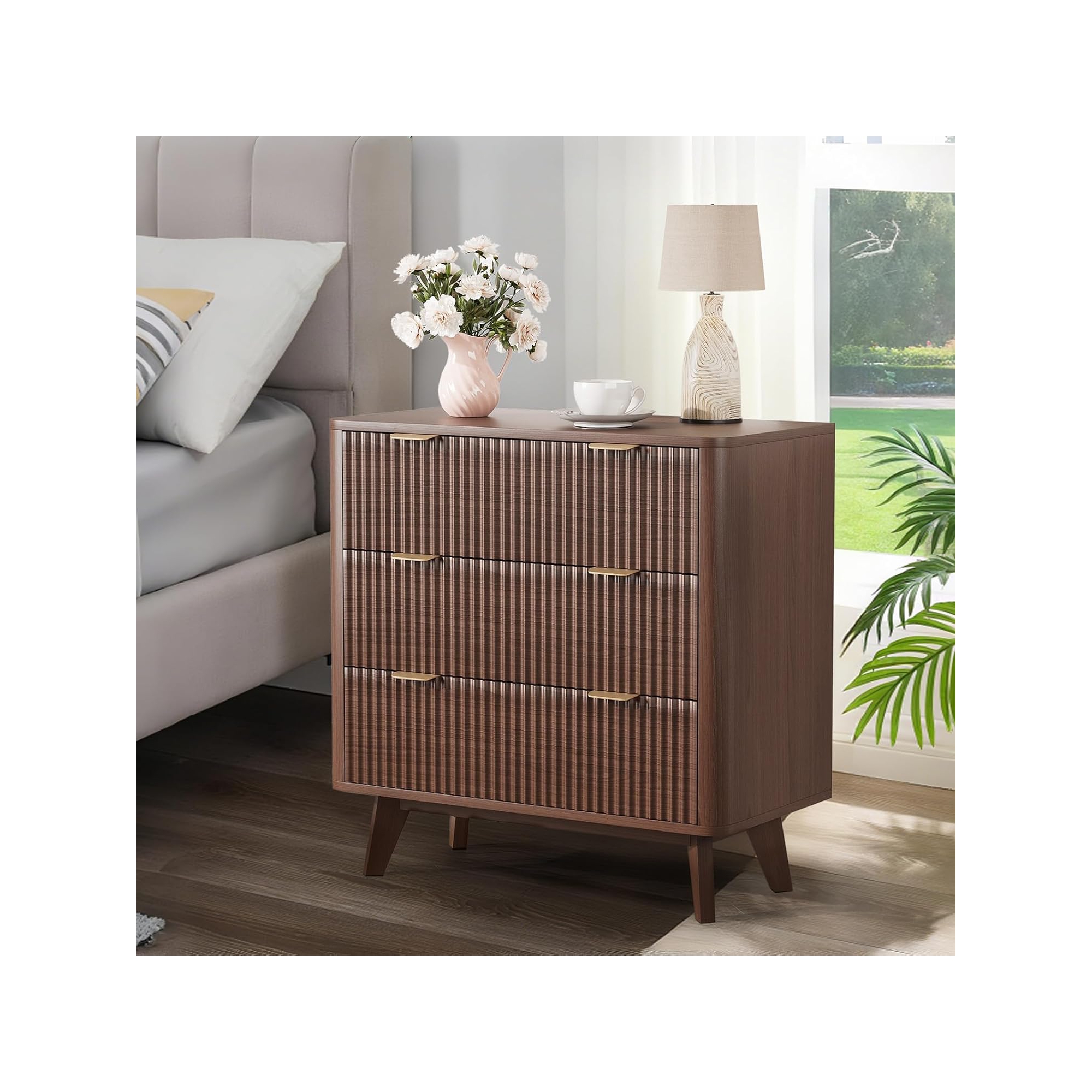 32" Width Modern Nightstands, Fluted Nightstand with Faux Marble Top, 3 Drawer Bedside Table, Large Nightstand for Bedroom, Living Room, Brown