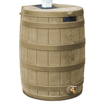 Good Ideas Rain Wizard 50 Gallon Plastic Outdoor Home Rain Barrel Water Storage Collector with Brass Spigot and Flat Back Design, Khaki
