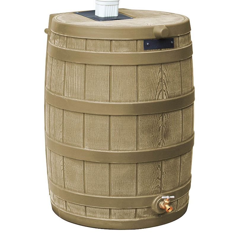 Good Ideas Rain Wizard 50 Gallon Plastic Outdoor Home Rain Barrel Water Storage Collector with Brass Spigot and Flat Back Design, Khaki, 1 of 7