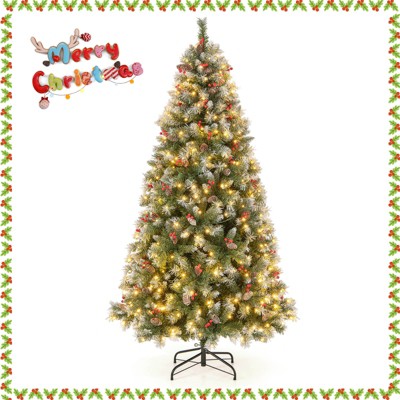Tangkula 5ft/6.5ft/7.5ft/9ft Pre-lit Artificial Christmas Tree Pre-decorated Hinged Xmas Tree with 450/909/1368/1740 Branch Tips 200/420/560/650 LED Lights 8 Light Modes