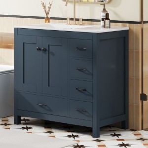 Whisen 36" Bathroom Storage Cabinet Bathroom Vanity with Ceramic Sink, 2 Soft Close Doors & 5 Drawers - 1 of 4