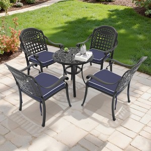 5-Piece Cast Aluminum Outdoor Dining Set: Round Table, Stackable Chairs & Blue Cushions - All-Weather Patio Furniture for Your Backyard - 1 of 4
