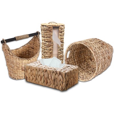 Vintiquewise Rustic Water Hyacinth Vanity Bathroom Set, Set of 4 - Magazine Basket, Tissue Roll Holder, Tissue Box Cover, and Wastebasket