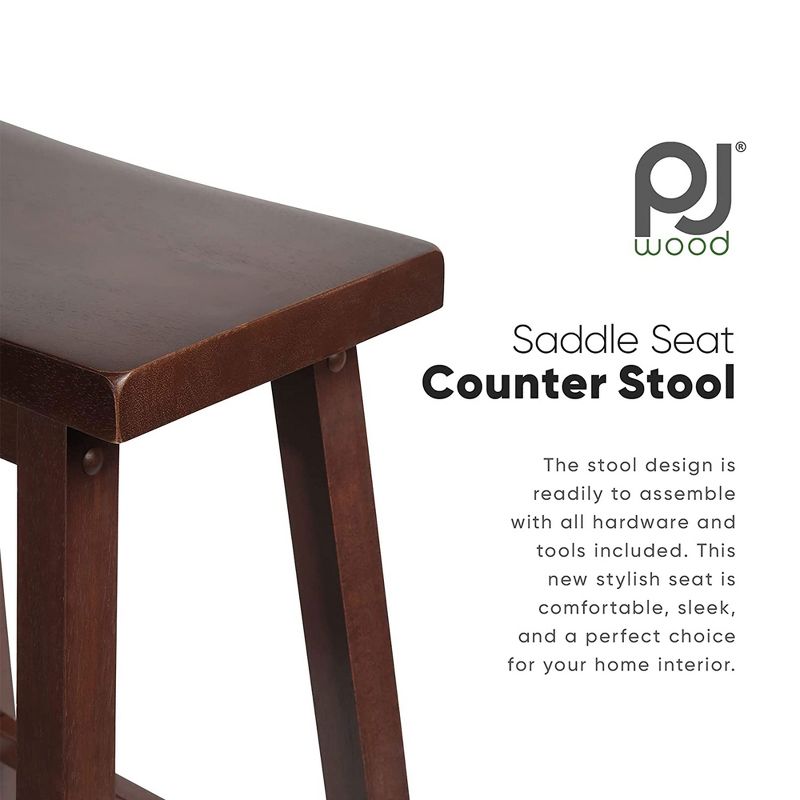 PJ Wood Classic Saddle-Seat 24" Tall Kitchen Counter Stools for Homes, Dining Spaces, and Bars w/ Backless Seats, 4 Square Legs, Walnut (Set of 10), 5 of 7
