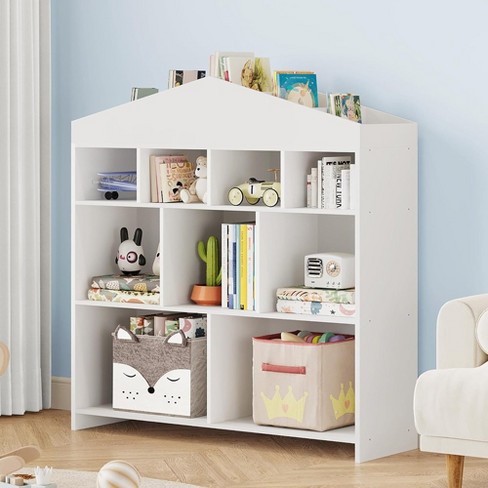 White bookshelf with on sale toy box