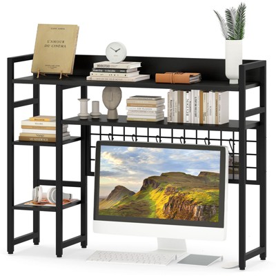 Tangkula Desk Shelf w/ Storage Grid, Multipurpose Countertop Hutch for up to 32" Computer Monitors