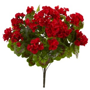 Nearly Natural Geranium Artificial Bush, UV Resistant, Set of 3 (Indoor/Outdoor), Red - 1 of 2