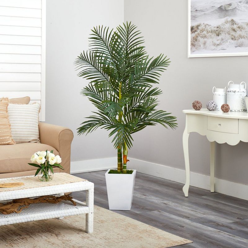 Nearly Natural 5.5-ft Golden Cane Artificial Palm Tree in White Metal Planter, 4 of 5