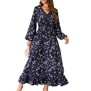 Fall Casual Dresses for Women Empire Waist V Neck Long Sleeve Maxi Ruffle Dress  Wedding Guest Dress - 1 of 4