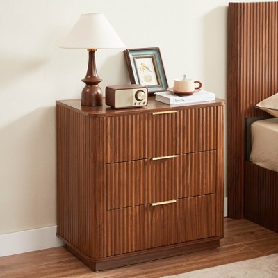 APRILSOUL Walnut Modern 3 Drawers Curved wave Design, Nightstand, Wood Drawer Organizer for Bedroom, Living Room, Hallway