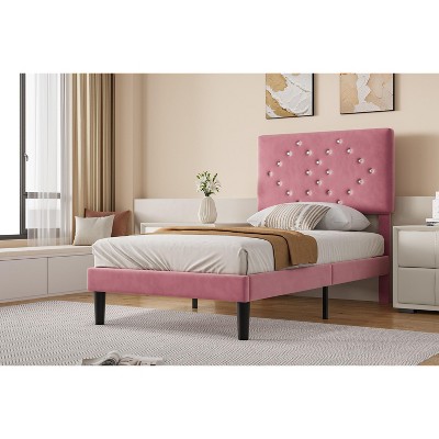 Bed Frame with Button Tufted Headboard - Upholstered Platform Bed with Wooden Slats Support, Velvet Bed Frame, Easy Assembly, No Box Spring Required