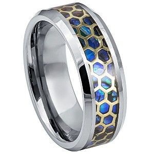 Jewelry Avalanche 8mm Beveled Honeycomb & Abalone Inlay Tungsten Carbide Mens Wedding Band - 1 of 4