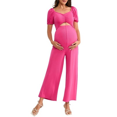 Women's Maternity Summer Cutout Jumpsuits Puff Short Sleeve Sweetheart Neck Ruffle Casual High Waist Wide leg Rompers