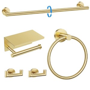 Itopfox 5 Piece Bathroom Hardware Set Brushed Gold Stainless Steel Includes 23.6in Towel Bar Toilet Paper Holder Towel Ring Hooks - 1 of 4