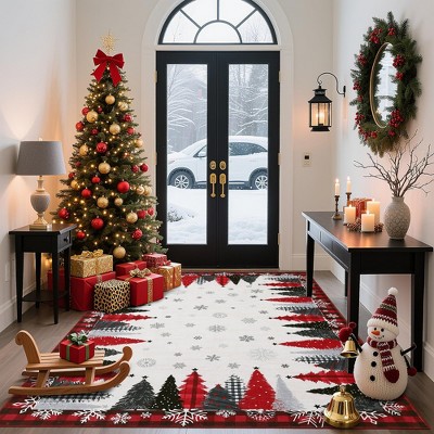 Christmas Area Rug, Christmas Tree Print Throw Carpet with Non Slip Backing, Non Shedding Low Pile Floor Carpet for Living Room, Bedroom