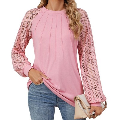 Lace Blouse Sheer Raglan Sleeve Tops Crew Neck Long Sleeve Pleated Tee Blouse Elegant Tops Casual Tops