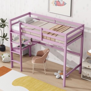 Twin Size Loft Bed, Wooden Loft Bed Frame with Safety Guardrail, Built-in Desk, Ladder -Frevyn - 1 of 4