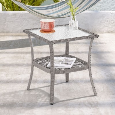 Sonkuki Patio Square PE Rattan with Tempered Glass Side Table Brown