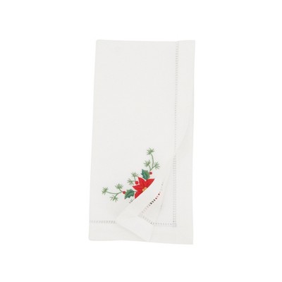 Whimsical Poinsettia Embroidered White Cotton Napkins, Set of 6