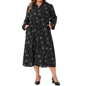 Women's Plus Size Floral Pattern V Neck Long Sleeve Front Slit Pockets Flowy Casual Midi Dress with Belted - Agnes Orinda - 1 of 4