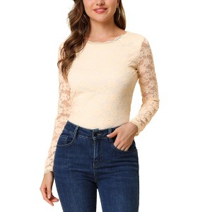 Allegra K Women's Slim Fit Sheer-Long-Sleeves Flower Embroidery Lace Top - 1 of 4