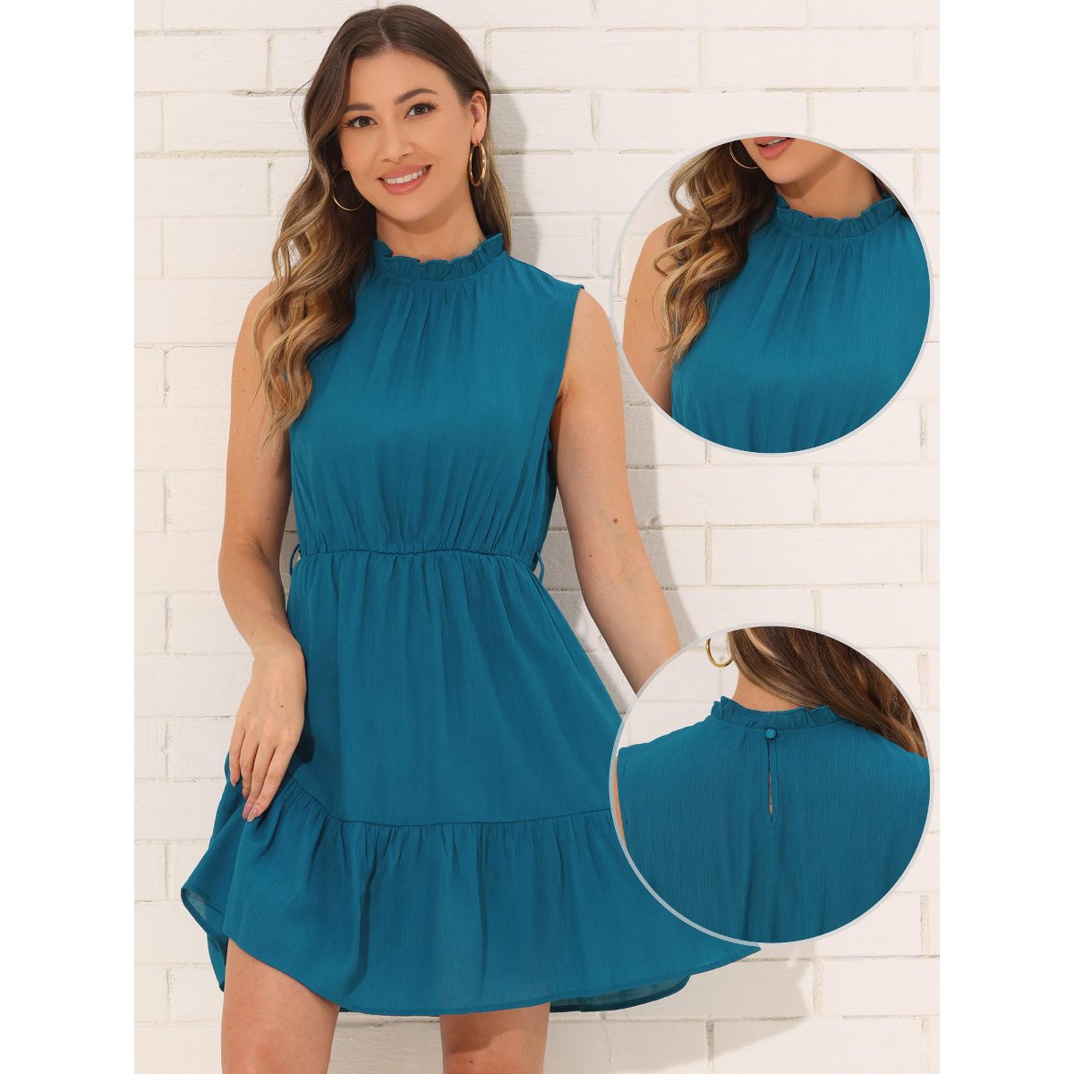 Женские платья INSPIRE CHIC Women's Sleeveless Round Neck Pleated Ruffled Tied A Line Midi Dress Blue Large — фото 3