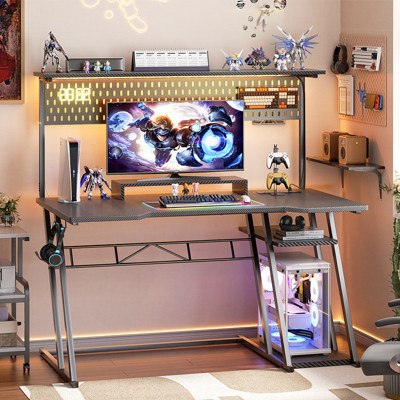 Aheaplus Gaming Desk with Hutch and LED Lights, Computer Table with Storage Shelves