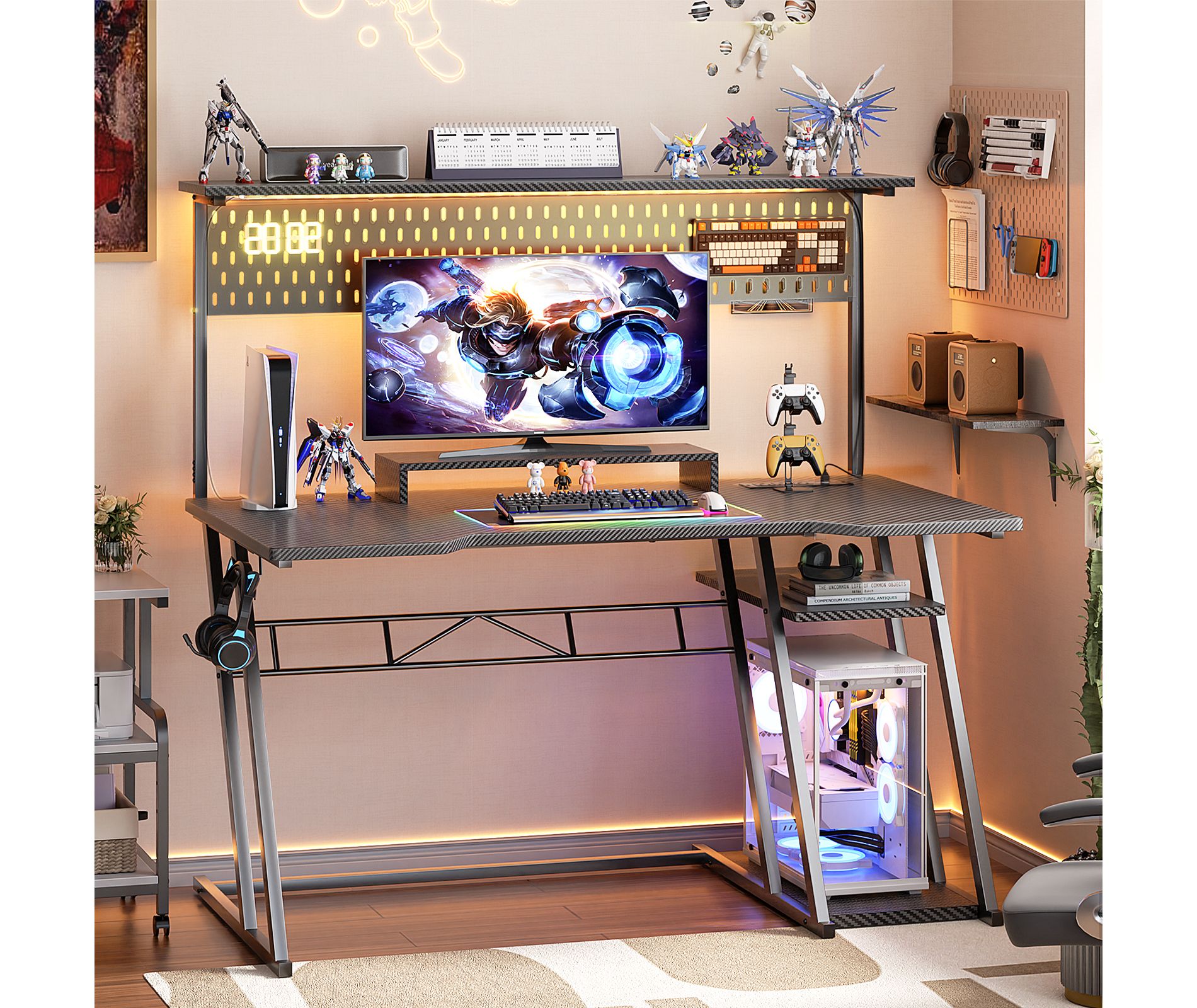 Aheaplus Gaming Desk with Hutch and LED Lights, Computer Table with Storage Shelves
