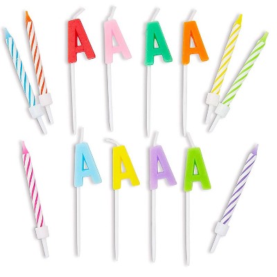 Blue Panda 96-Piece Letter A and Colored Stripes Birthday Cake Candles Set with Holders for Party Decorations