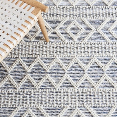 Ivory and Blue Hand-Knotted Wool Cotton Square Rug