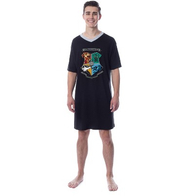 Harry Potter Mens' Hogwarts Houses Crest Stained Glass Sleep Pajama Shirt Black