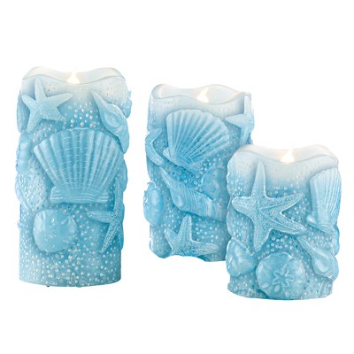 Collections Etc Coastal Seashell LED Lighted Battery-Operated Candles - Set of 3 Blue