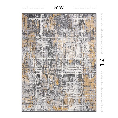 Yellow and Gray Abstract 5' x 7' Stain-Resistant Synthetic Area Rug