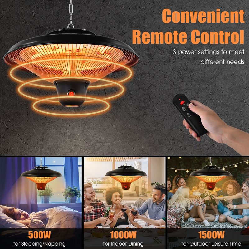 Costway 1500W Electric Hanging Heater Ceiling Mounted Infrared Heater w/Remote Control, 4 of 11