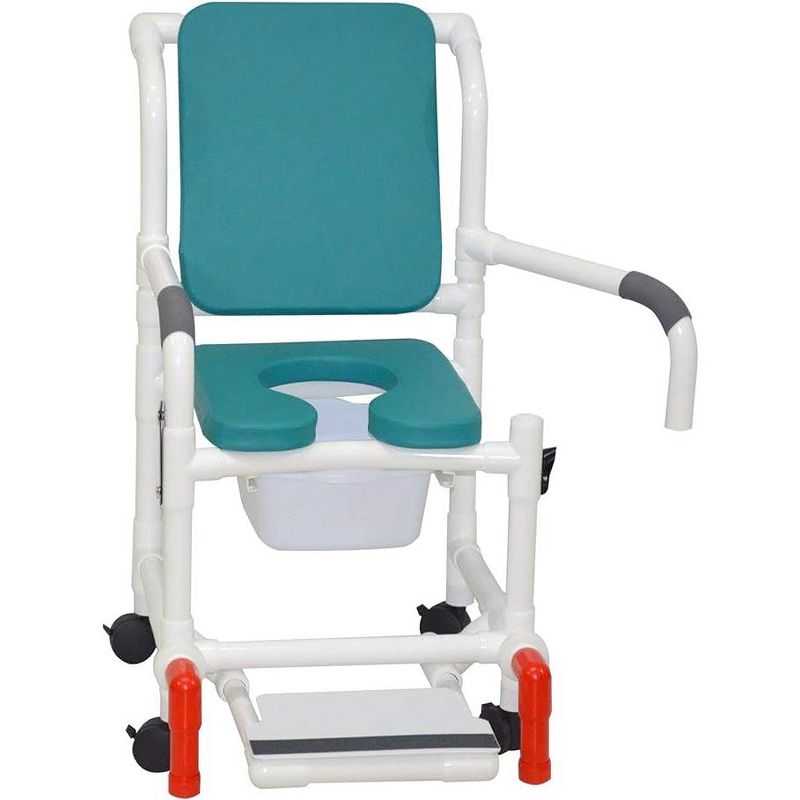 MJM International Corporation Shower chair 18 in width 3 in seat BLUE cushion padded back arms sliding footrest 10 qt slide mode pail front 300 lb wt, 1 of 2