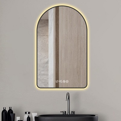 Vynxaria 28"x48" Arched LED Bathroom Mirror with Time & Temperature Display, Anti-Fog, and Dimmable Features