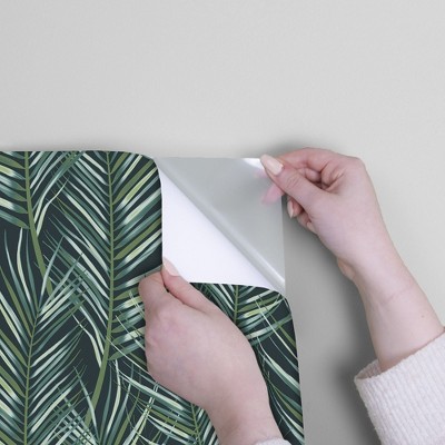 Modern Green and Black Palm Leaf Peel and Stick Wallpaper Roll