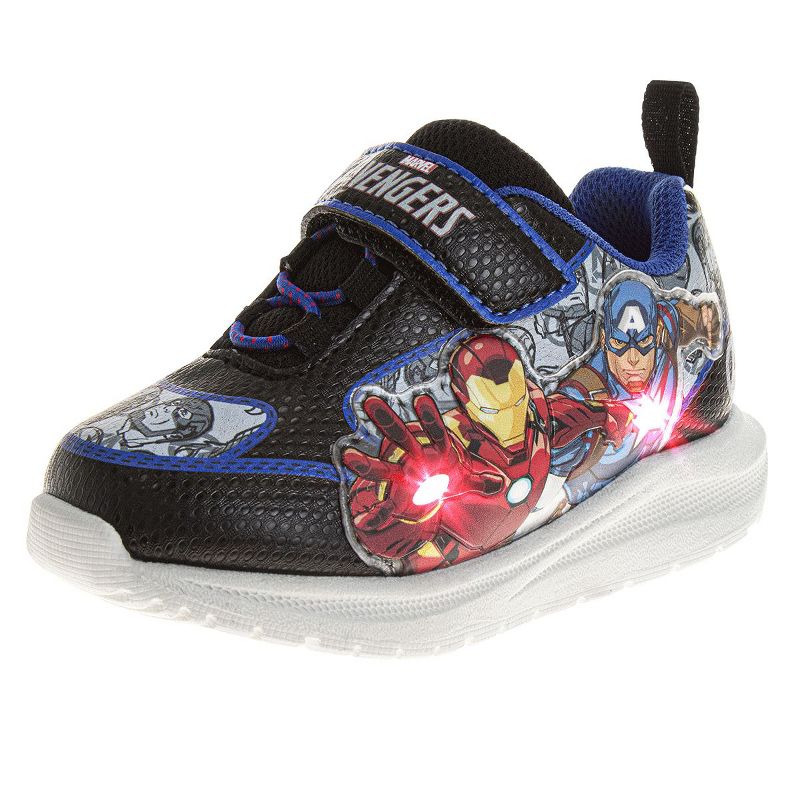 Marvel Avengers, Iron Man, Captain America Boys Light Up Sneakers. Little Kids, Black Blue, 7