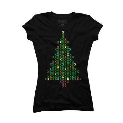 Junior's Design By Humans Christmas Tree Cross Stitch By BettySue T-Shirt